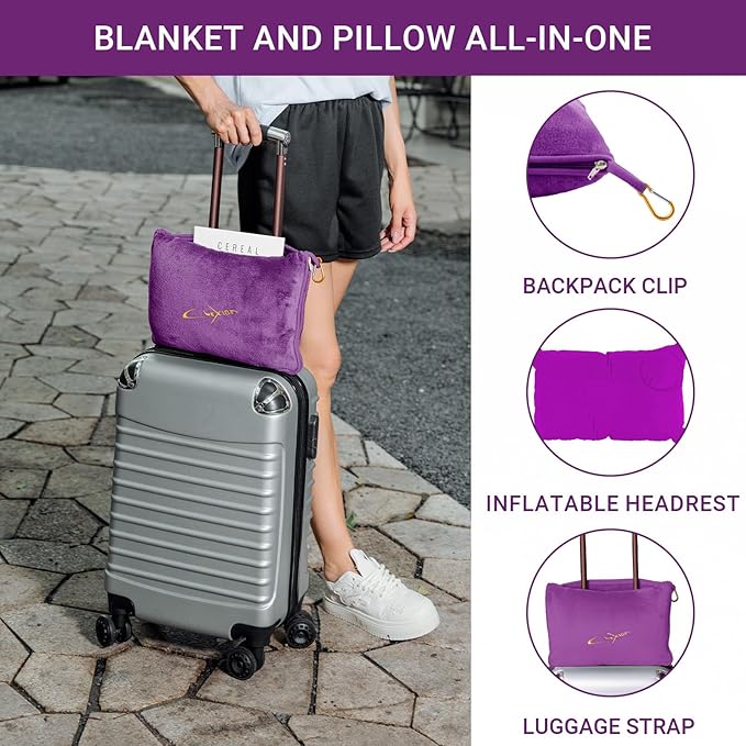 Travel Blanket & Pillow Set, 300 GSM Soft Fleece, 60x43 Inches, 3-in-1 Airplane Blanket, Travel Pillow and Blanket Set, Travel Blanket Airplane Compact with Bag, Travel Essentials, Violet