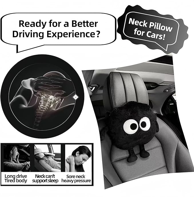 Car Headrest Pillow & Steering Wheel Cover Set with Cute Big-Eyed Furball Travel Neck Support Pillow Fur Car Interior Accessory (Black 3Pcs Set)