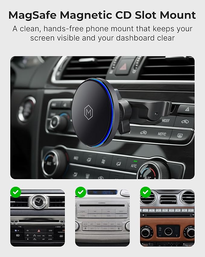 Qi2 15W Wireless Car Charger CD Mount for MagSafe - Magnetic Wireless Charger - Built in on/Off Switch for Charging - Fast Charging & Compatible with iPhone 17 16 15 14 13 12 Series