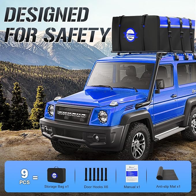 Sailnovo Car Rooftop Cargo Carrier Bag 20 Cubic, PVC Vehicle Soft-Shell Car Top Carrier for Cars with/Without Roof Rack, Waterproof Roof Bag Includes Anti-Slip Mat,10 Reinforced Straps, Blue