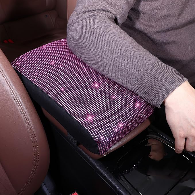 Pink Bling Car Armrest Cover with Memory Foam Cushion Pad & Rhinestones, Universal Diamond Center Console Cover for Cars, Bling Middle Console Cover, Bling Car Accessories for Women, Pink