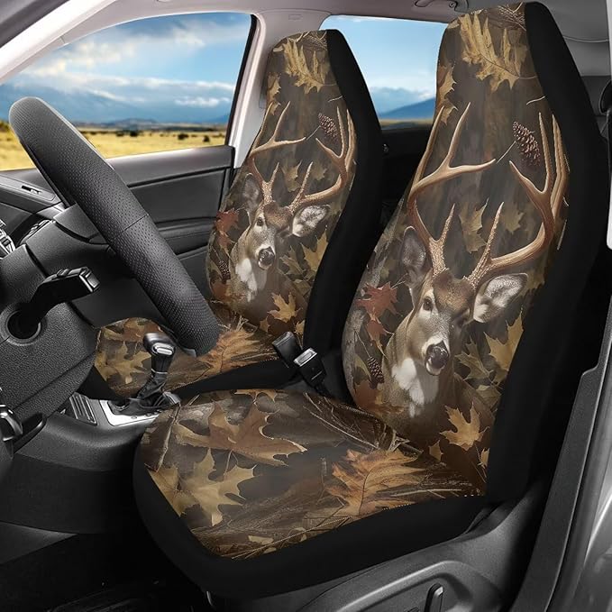 Camo Hunting Deer Car Seat Covers Set of 2 Breathable Front Seat Covers Stretch Polyester Fabric Cover Soft Front Seat Cover Universal Fit for Auto SUV