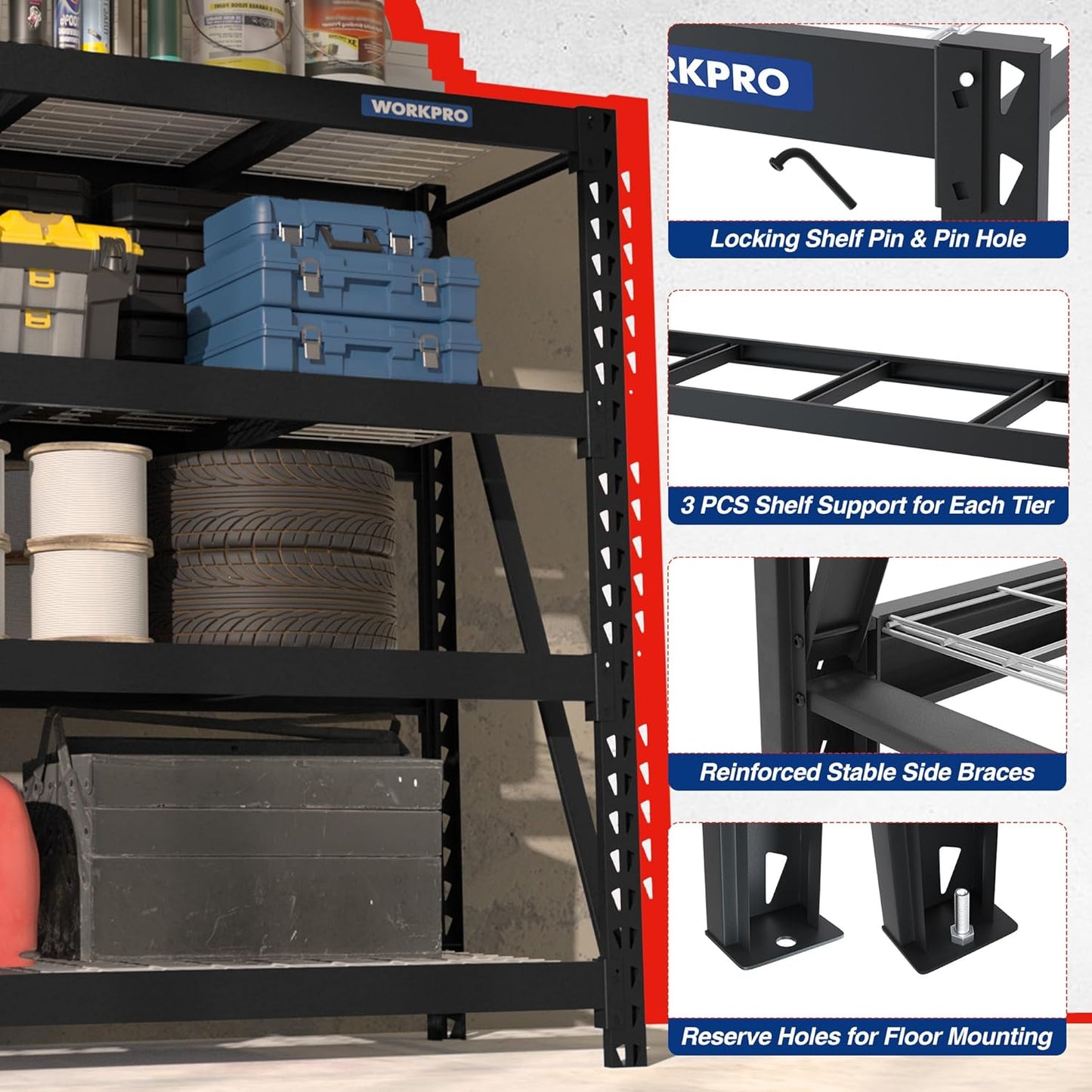 WORKPRO Garage Shelving, 68" W x 24" D x 65" H, 7200 LBS Load, Heavy Duty Metal Shelving for Storage, Industrial Shelving Storage Rack for Warehouse Kitchen Shop Basement, Black, Pack of 10