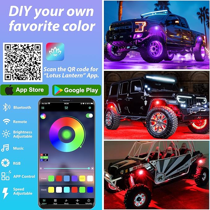 8 Pods RGB LED Rock Lights, Underglow Multicolor Neon Light Kit Wheel Well Light with APP Control & Music Mode, Under Glow Lights for Trucks,Jeep,SUV,Golf Cart,ATV,Pickup Off Road,12 V