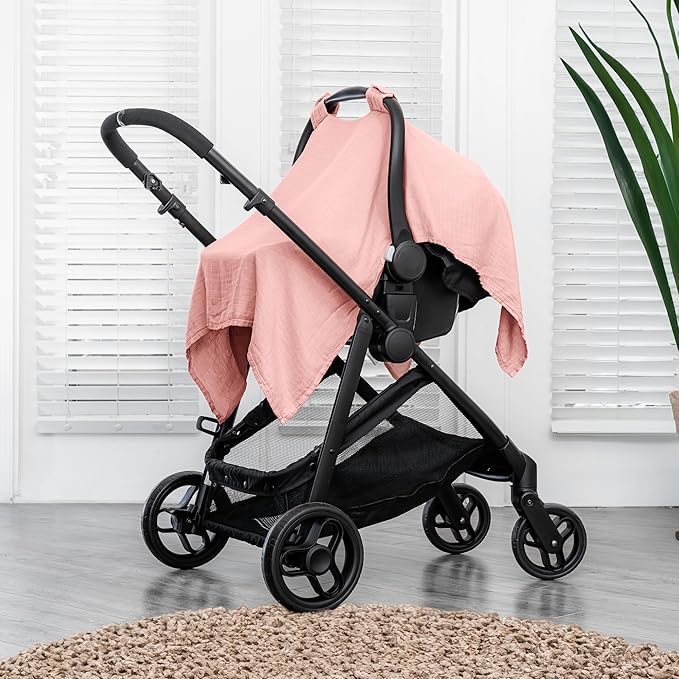 Comfy Cubs Baby Car Seat Cover - Soft, Breathable Bamboo Rayon and Muslin Cotton Blend - Lightweight Canopy for Sun, Bug, and Comfort Protection - Large Size Infant Seat Cover in Bold Blush Design