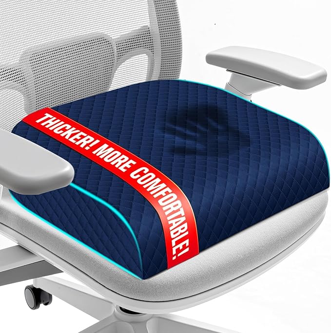 Seat Cushion for Office Chair, Memory Foam Chair Cushions, Car Seat Cushion for Long Sitting, Desk Chair Cushion for Pressure Relief, Non-Slip Bottom, Washable Cover, Large, Blue
