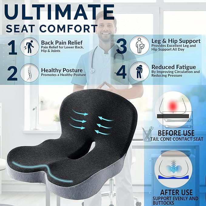Memory Foam Seat Cushion for Truck Drivers, Office Chairs Ergonomic Seat Cushion for Back, Tailbone Sciatica Pain Relief, Pressure Relief Pad for Long Sitting, Car Seat Desk Chair Use (Gray)