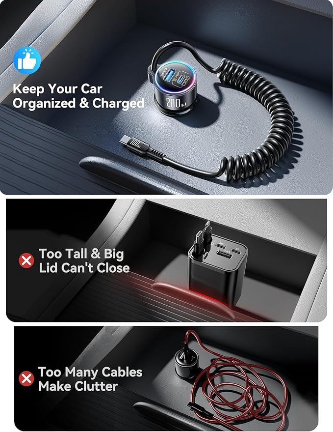 200W Car Charger USB C, PD100W Fast Charge w/100W Type C Fast Charging 5FT Coiled Cable, PD3.0/QC4.0/PPS Cigarette Lighter Phone Adapter for iPhone 17/16 ProMax, MacBook Pro/Air, Samsung S26/S25, iPad