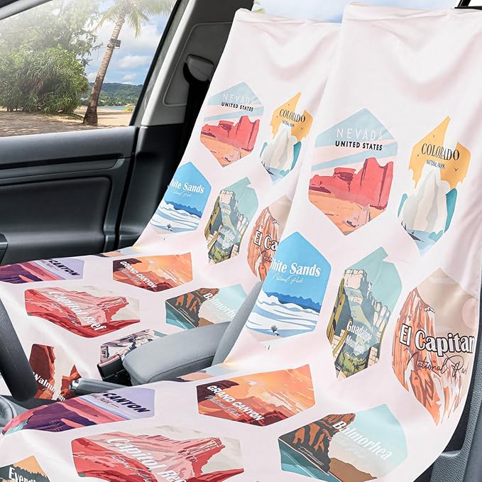 2 Pack Car Seat Towel Covers with Storage Bag 63 x 32 Inch Athletic Running Towel Seat Sweat Washable Non Slip Cover Gift for Car Outdoor Sport Activities (Multi National Parks)