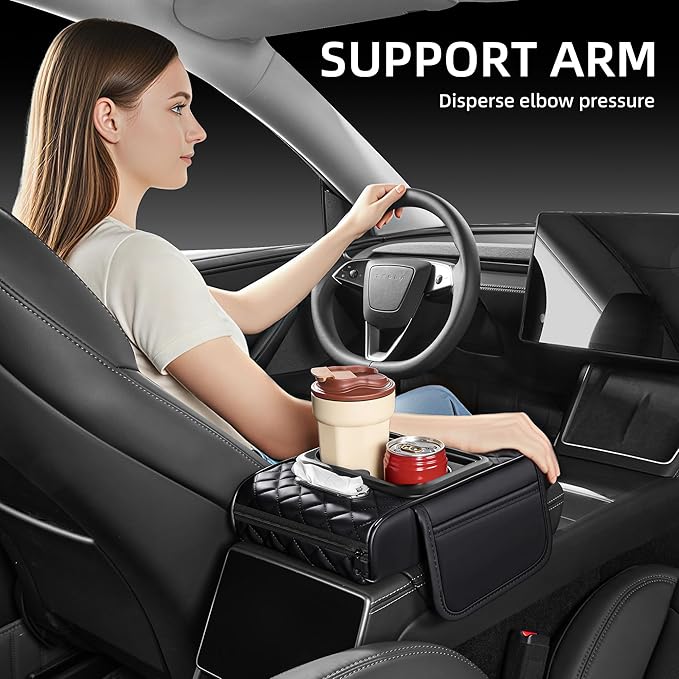 5 in 1 Car Center Console Cover, Armrest Pad with 2 Storage Pockets, Cup Holder, Tissue Box Slot, Phone Holder, Universal Car Interior Organizer (Black)
