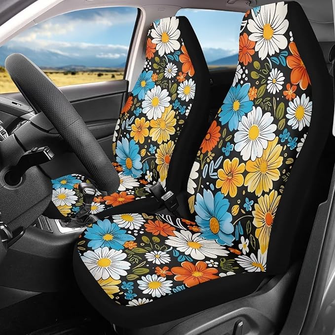 BIGCARJOB Hippie Daisy Car Seat Cover Set for Front Seat Only,2 Pack Blossom Flower Printed Auto Front Seat Protector Saddle Blanket for Women Girly Car Interior Accessories
