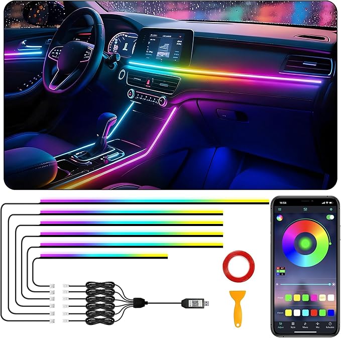 Interior Car LED Strip Lights, RGB 6 in 1 Dynamic Dreamcolor Chasing Acrylic LED Lights for Car, USB Powered Ambient Lighting Kits with Wireless APP, Sound Active Function Car Neon Lights (6 in 1)