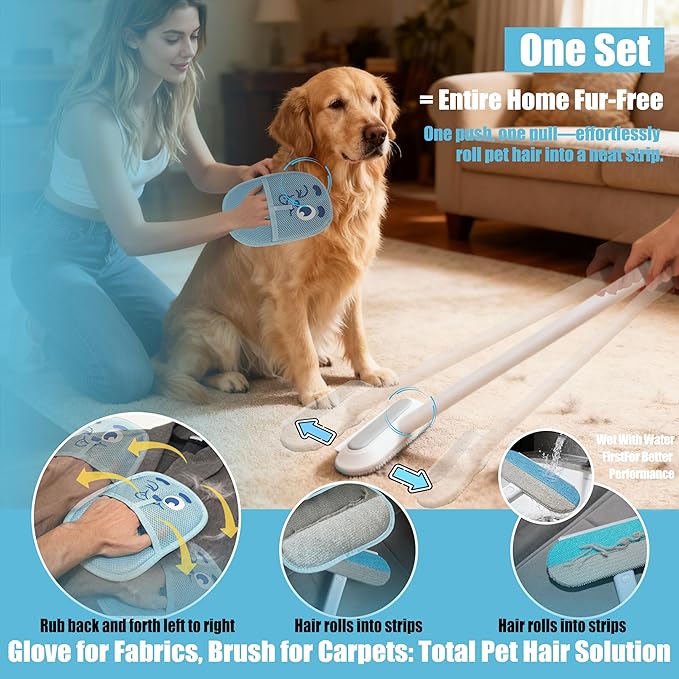 Pet Hair Remover Set – Removes Pet hair from Carpets, Furniture & Car Seats For Cat & Dog, includes 4-in-1 Magic Brush (Extended Handle) & a Electrostatic cat Hair Remover Glove.