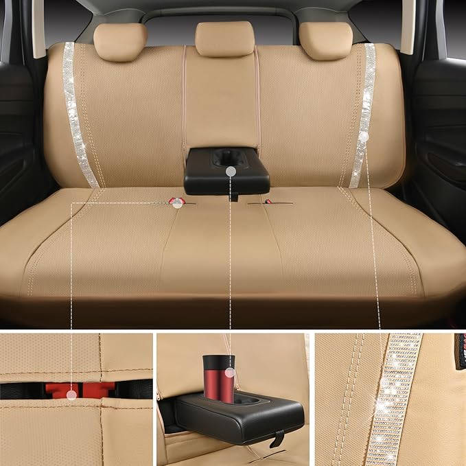 CAR PASS Bling Diamond Car Seat Covers Full Set, Shining Glitter Rhinestone Waterproof Faux Leather Interior Sets Universal Fit Automotive Glitter Crystal Sparkle Strips for Cute Women Girl, Beige