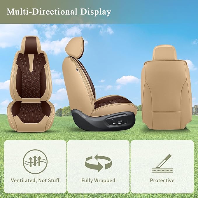 Breathable Car Seat Covers for Toyota Highlander 2008-2025 2026, Front Seats, Perforated Leather, Seat Protector, Interior Trim for Toyota Highlander Accessories (Beige&Brown)
