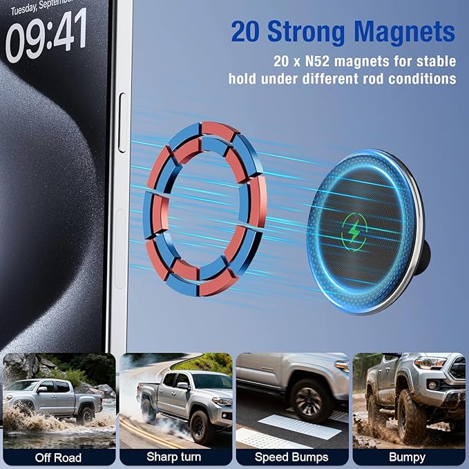 Car Charger Phone Mount for Toyota Tacoma 2016-2023, 3rd Gen Tacoma Dashboard Clip Cell Phone Cradles 360° Adjustable 20x Strong Magnet Phone Stand Cellphone Holder Fit for All Smartphones