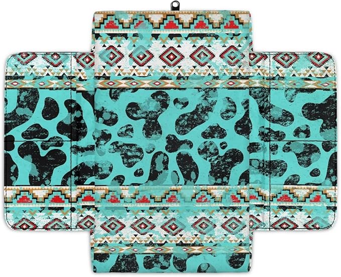 Wanyint Aztec Cow Print Teal Auto Center Console Armrest Cover Arm Rest Seat Box Protective Cover with Side Storage Pockets Comfortable Middle Console Pad for Car Side Storage Box