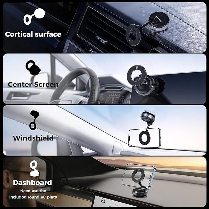 Vacuum Magnetic Phone Holder for Car 360° Adjustable Magsafe Car Mount - Compatible All Smart Device Phone Mount, Secure GPS & Call, Magsafe Accessories & Car Stuff - Black