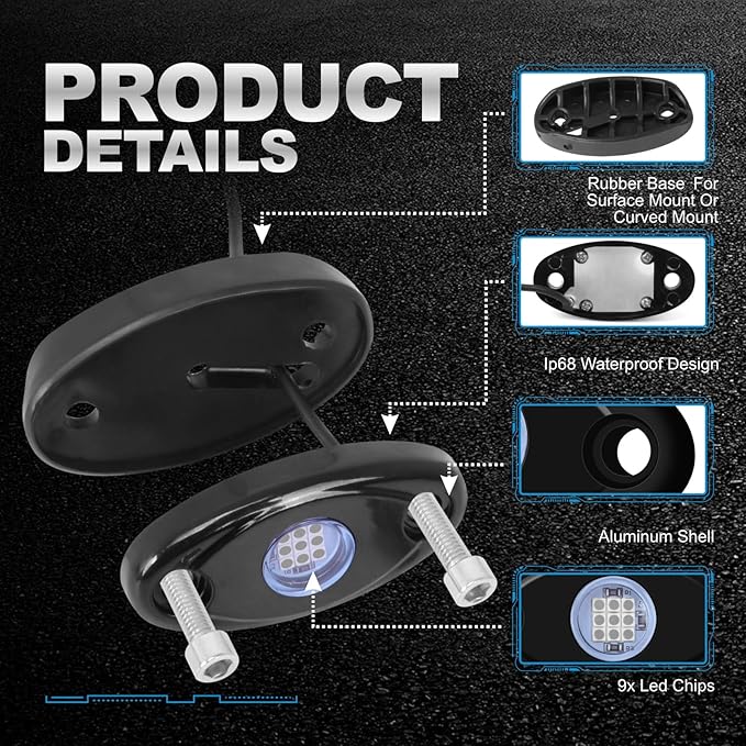 12 Pods Blue LED Rock Lights Neon Underglow Light for Car Truck ATV SUV Under Body Glow Light Trail Fender Lighting
