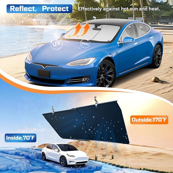 Retractable Windshield Sun Shade Automatic Sunshade for car with 99% UV Heat Protection, 420D Fabric Keep Cool & Protect Interior, Universal Adjustable Fit for Cars Trucks SUVs (Not for Large Trucks)