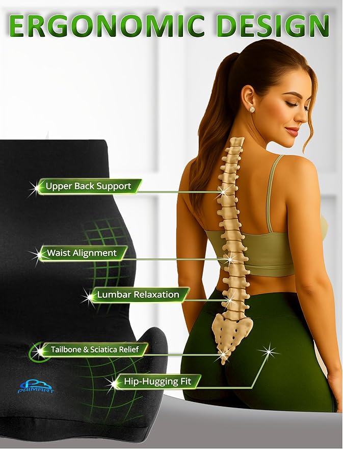 Ergonomic Memory Foam Seat Cushion for Office Chair, Car Seat, Dining, Gaming Chair & Wheelchair, Full Back & Lumbar Support Pillow One Piece, Back Pain Relief, Coccyx, Tailbone & Sciatica Pain Relief