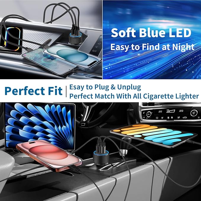 [Apple MFi Certified] iPhone 17 Car Charger, Rombica 3-Port 67W USB-C&USB-A Car Cigarette Lighter PD/QC Fast Car Charge with Type-C Braided Cord for iPhone 17/17 Pro Max/16 Pro/15/Galaxy S26/S25/Pixel