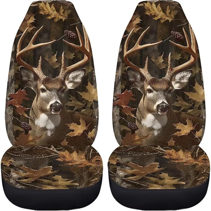 Camo Hunting Deer Car Seat Covers Set of 2 Breathable Front Seat Covers Stretch Polyester Fabric Cover Soft Front Seat Cover Universal Fit for Auto SUV