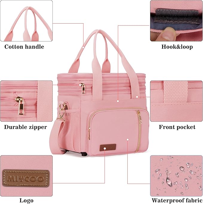 MIYCOO Lunch Bag & Lunch Box for Women Men Double Deck - Leakproof Insulated Soft Large Adult Lunch Cooler Bag for Work, Beach, Picnic, Camping, Travel (Pink,15L)