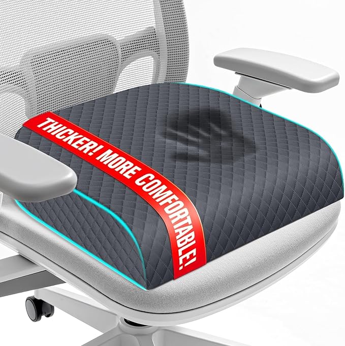 Seat Cushion for Office Chair, Memory Foam Chair Cushions, Car Seat Cushion for Long Sitting, Desk Chair Cushion for Pressure Relief, Non-Slip Bottom, Washable Cover, Large, Grey
