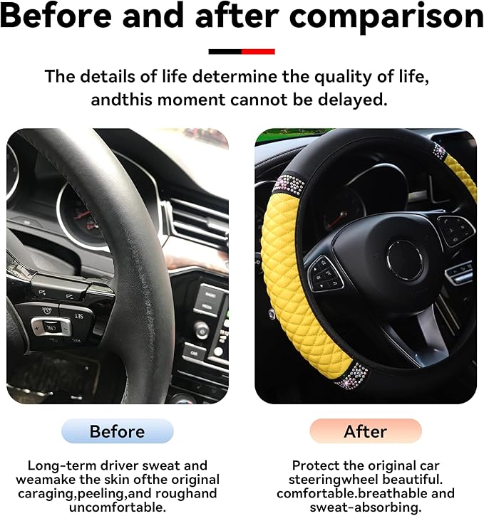 Bling Car Steering Wheel Cover, 15 Inch Rhinestones Soft Leather Elastic Steering Wheel Protector, Sparkly Crystal Diamond for Women Girls, Car Interior Accessories for Most Cars (Yellow)