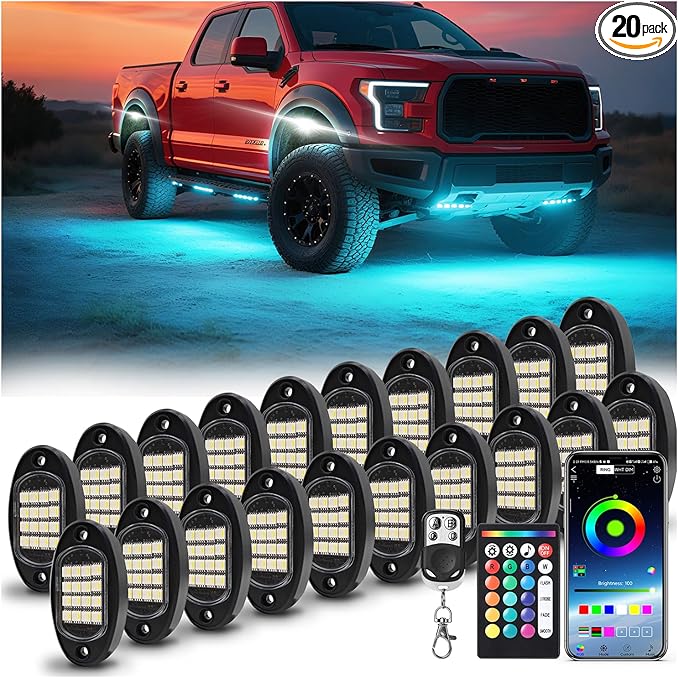 20 Pods RGBW LED Rock Lights for Trucks Offroad Pickup Trailer Sedan SUV Cars, Waterproof Multicolor Neon Underglow Kit with Bluetooth APP/RF Remote, Vehicle Accent Underbody Light Underneath 12V