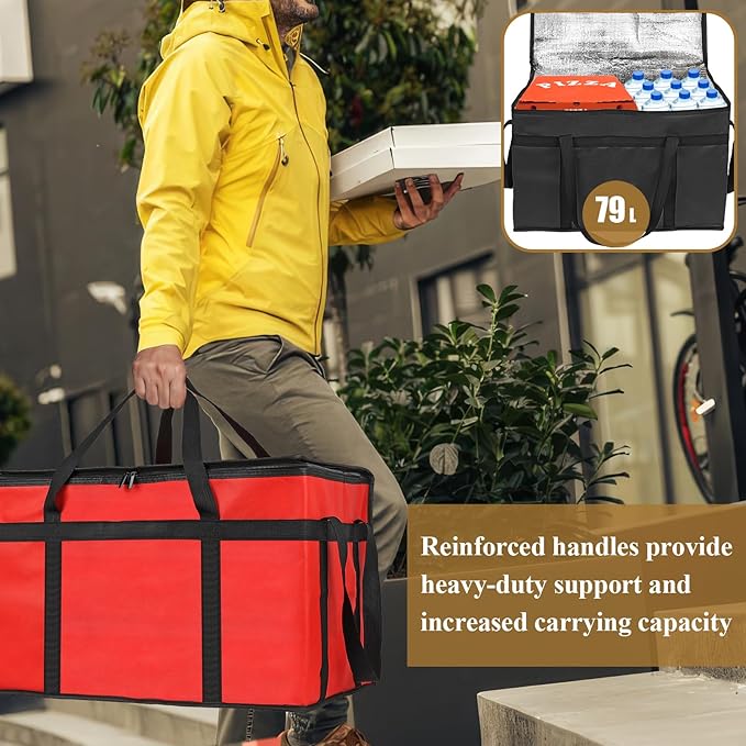 PEASUG 2 Pcs Insulated Bags for Food Delivery, XXXL Pizza Delivery Bags, Large Capacity Cooler Bag Keep Food Warm for Grocery Shopping and Catering, Foldable, Heavy-Duty (Red+ Black)
