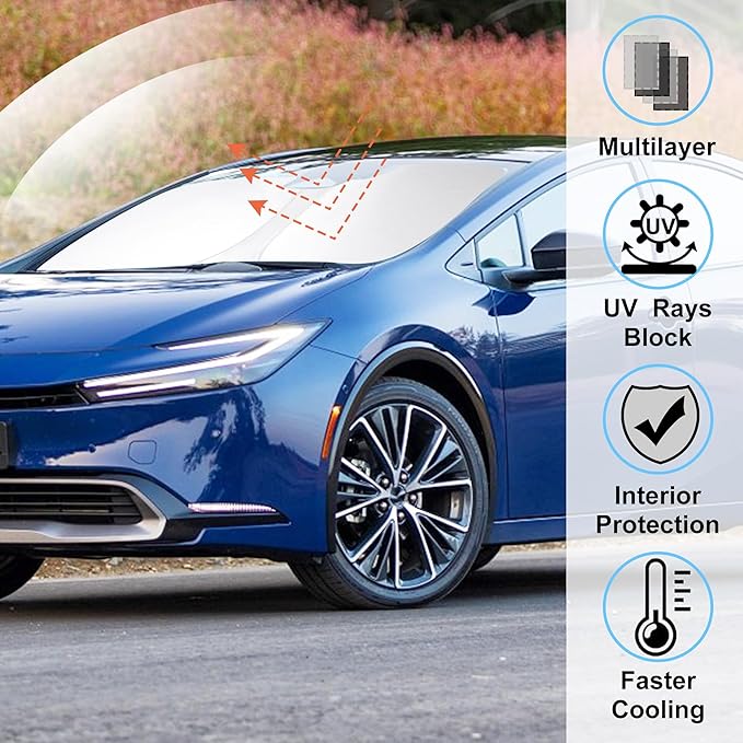 Windshield Sun Shade Custom Fit for 2023 2024 2025 2026 Toyota Prius Accessories Foldable Sunshade Sun Blocker Protect Car from Sun Rays & Heat Damage Keep Car Cooler