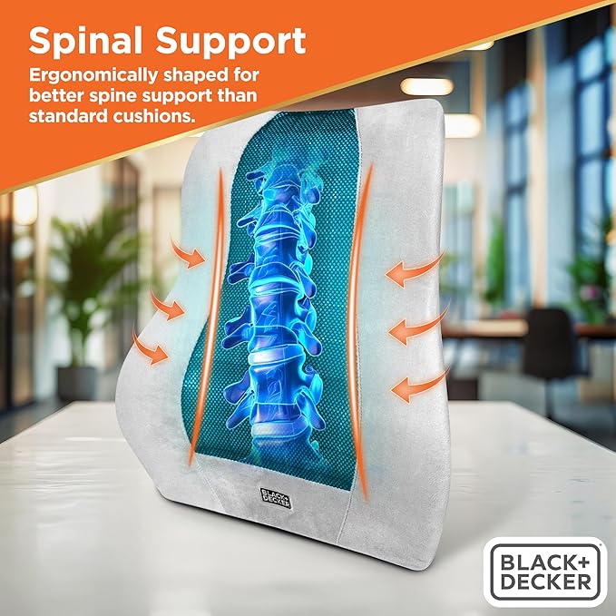 BLACK+DECKER Memory Foam Lumbar Support Pillow with Cooling Gel – High Back Lumbar Cushion for Office, Car, Wheelchair & Airplane – Ergonomic, Pain Relief, Adjustable Strap, Washable Cover,Grey/Black