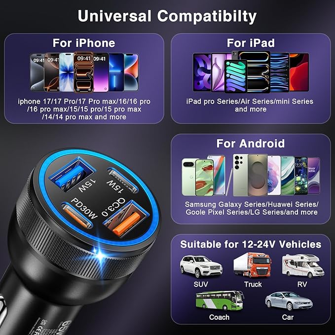 USB C Car Charger, 2 Pack 4-Port 65W Dual USB C & USB-A Cigarette Lighter USB Charger Multiport Type C Car Charger Adapter Phone Plug Cargador Carro Fast Charging for iPhone 17 16 15, iPad, Galaxy