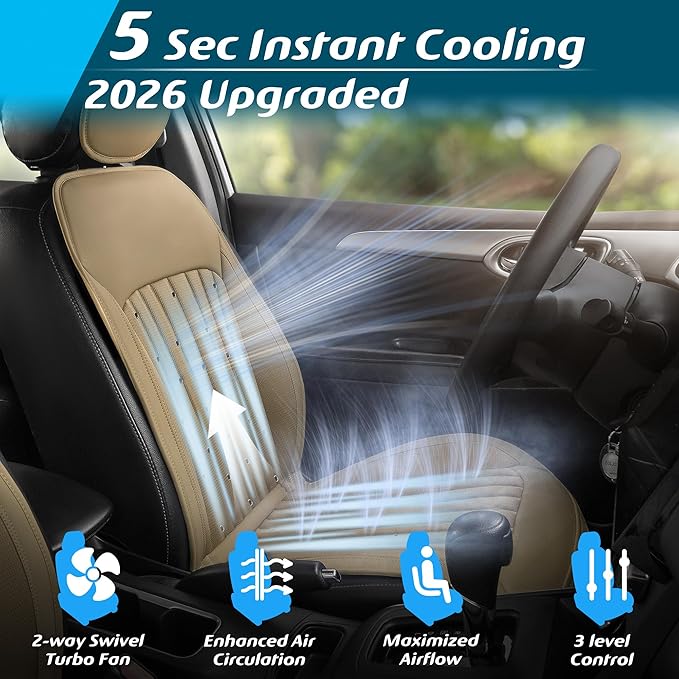 Paffenery 2026 Upgraded Cooling Car Seat Cover Front Seat, 12V-24V Ventilated Cooling Car Seat Cushion, Cooled Seat Cover for Car SUV Truck Universal Fit, Cream Beige