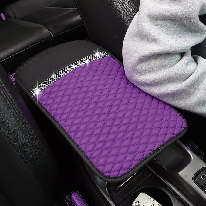Bling Leather Car Armrest Box Cover,Car Center Console Protector with Colorful Crystal Rhinestones,Anti-Scratch Waterproof Car Armrest Seat Pad for Most Car,SUVs,Trucks (Purple)