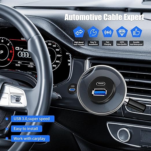 Dual Port USB A/C 3.0 Male to USB A/C 3.0 Female Extension Cable,Flush Mount Waterproof Panel Cable for Car,Truck,Boat,Motorcycle Dashboard 3.3ft