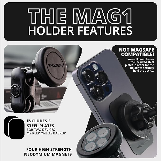 Tackform Link Phone Mount with Top Dash Clip - Compatible with 2021-2025 Ford Bronco | Aluminum | Zero Slip, Anti-Scratch | Universal Magnetic Phone Holder | 2" Arm | Black | (NOT MAGSAFE Compatible)