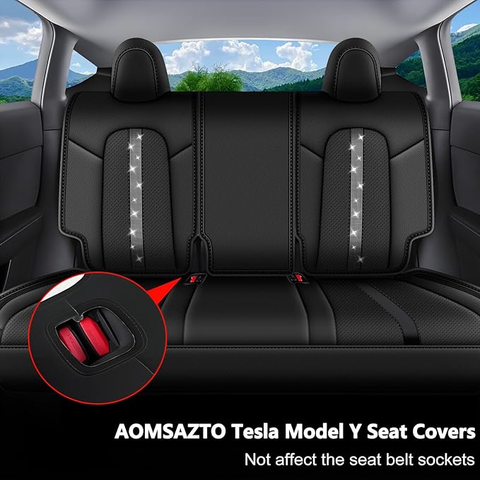 AOMSAZTO Upgrade for Tesla Model Y Seat Covers, Half Surround Bling Diamond Leather Seat Protectors, Airbag Compatible & Custom Fit 2020 2021 2022 2023 2024 5-Seater Full Set, Easy to Install