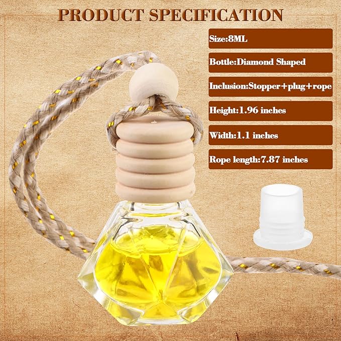 210Pcs 8ml Hanging Car Air Freshener Diffuser Empty Clear Glass Essential Diffuser Oil Aromatherapy Fragrance Perfume Pendant Glass Vials with Wooden Caps Hanging String Car Diffuser Bottles