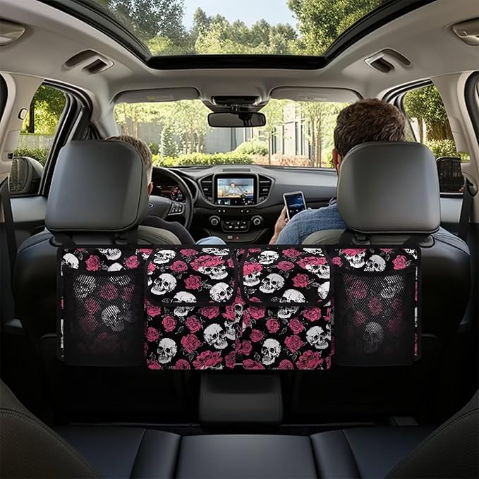Skull Roses Car Trunk Organizer Bag Hanging Car Back Seat Storage Bag with 4 Pockets Auto Interior Accessories for SUV MPV Sedans Pickup Jeep Trucks