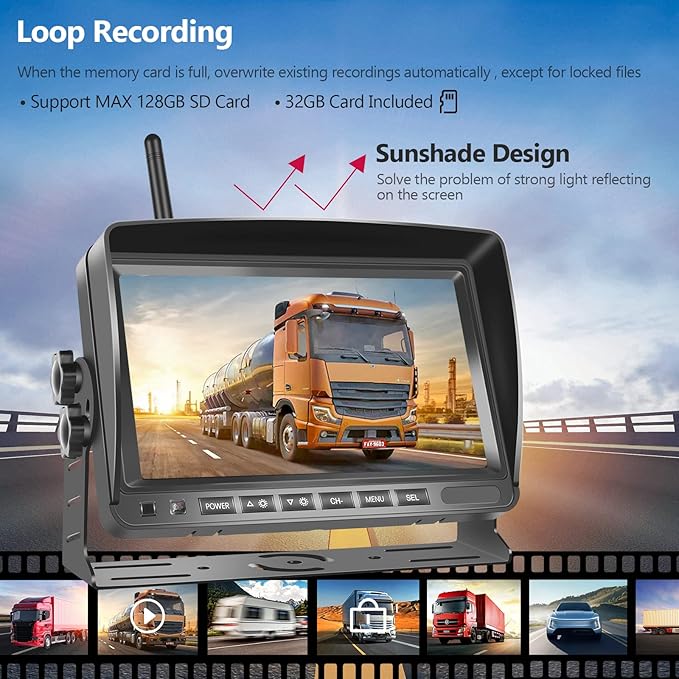 Wireless Dual Backup Camera System, Hodozzy 7" Monitor with Split Screen Plug and Play HD Rear View Camera with Loop Recording Sunshade Design Waterproof IR Night Vision 12V-36V for Car,Truck, RV