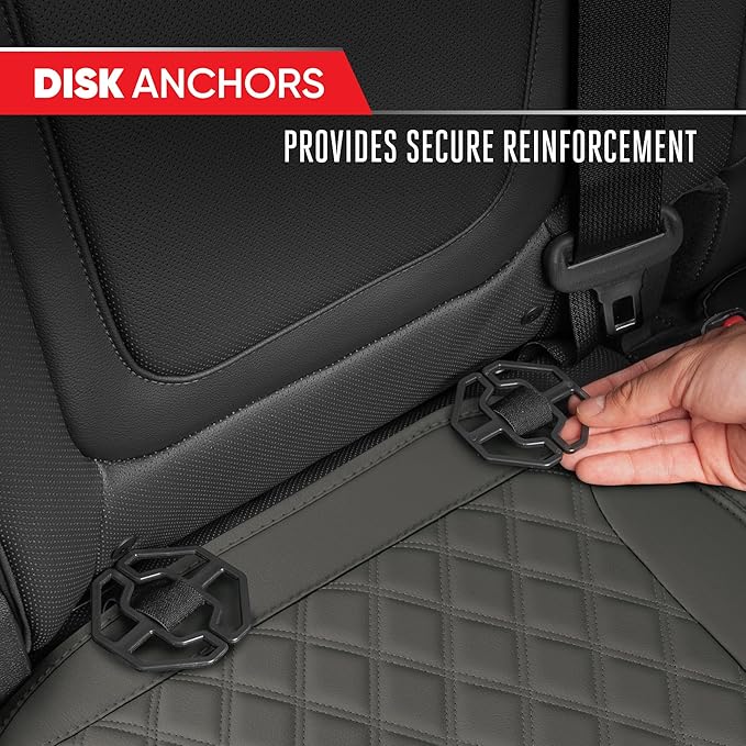 Motor Trend Rear Seat Cushion - Gray Diamond Stitched Faux Leather Rear Seat Cover for Cars, Trucks, SUVs - Padded, Waterproof, Non-Slip Back Seat Cover with Storage Pockets