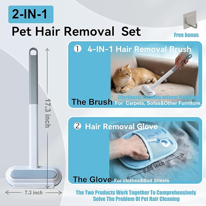 Magic pet Hair Remover Set for Dogs & Cats, Includes 4-in-1 Extended Handle Hair Brush, Hair Glove & Free Metal Storage Hook, Works Great on couches, Carpets, Furniture, car Seats and Hard Surfaces.