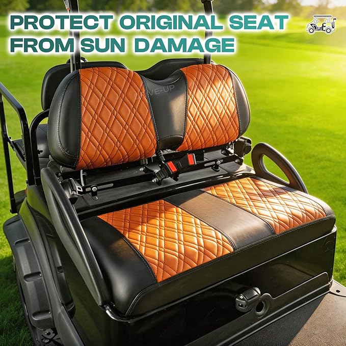 DRIVE UP Club Car Precedent Diamond Seat Covers, Brown Diamond Cross Club Car Leather Front Seat Cover, Golf Cart Seat Covers with Black Stitching Front, Waterproof and Wipe Clean