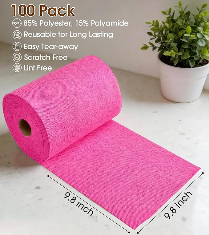 KitchLife Microfiber Cleaning Cloth Roll, 100 Pack - Tear-Away Microfiber Paper Towels, Lint-Free, Reusable, Washable for Kitchen, Car, Dishes, and Sensitive Surfaces (Hot Pink)