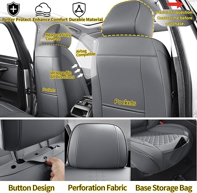 Chezope Car Seat Covers Full Set, Grey Leather Seat Covers, Breathable Front and Back Car Seat Protectors, Wear-Resistant Seat Covers Universal Fit for Most Cars SUV Truck (Grey-Solid, Full Set)