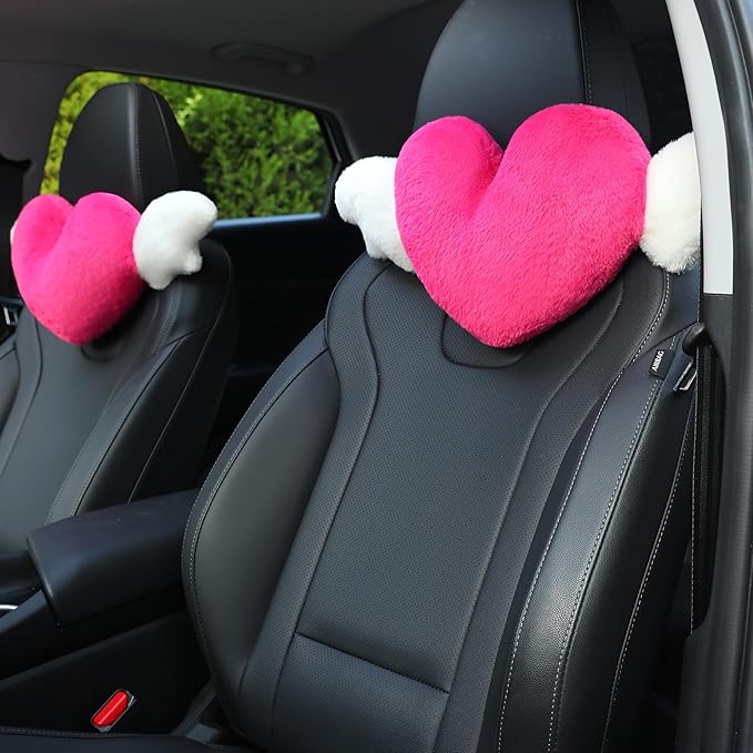 2 Pack Heart Shaped Cute Car Headrest Pillow with Angel Wings - Comfortable Soft Head Rest Cushion Kawaii Car Accessories Neck Pillow for Driving Travelling Office Home Decor - Rose Red Love Heart