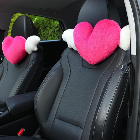 2 Pack Heart Shaped Cute Car Headrest Pillow with Angel Wings - Comfortable Soft Head Rest Cushion Kawaii Car Accessories Neck Pillow for Driving Travelling Office Home Decor - Rose Red Love Heart